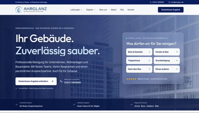 Website ahrglanz.de: Startseite mit dem Leitsatz „Ihr Gebäude. Zuverlässig sauber.“, Schnellstart-Auswahl der Reinigungsleistungen und Angebotsformular mit Umschalter Unternehmen oder Privatperson sowie Feldern für Unternehmen, Name, E-Mail und Telefon