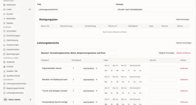 Cordinare, Leistungsverzeichnis: Reinigungsplan noch leer, darunter Leistungsbereiche mit Tätigkeiten und Häufigkeit (Demodaten)