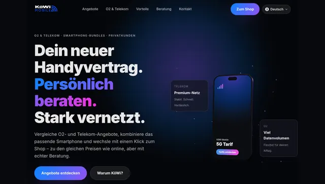 Startseite von koewi-mobile.de: dunkler Auftritt mit Leitsatz, Smartphone-Darstellung und zwei Hinweiskarten zu den Netzen