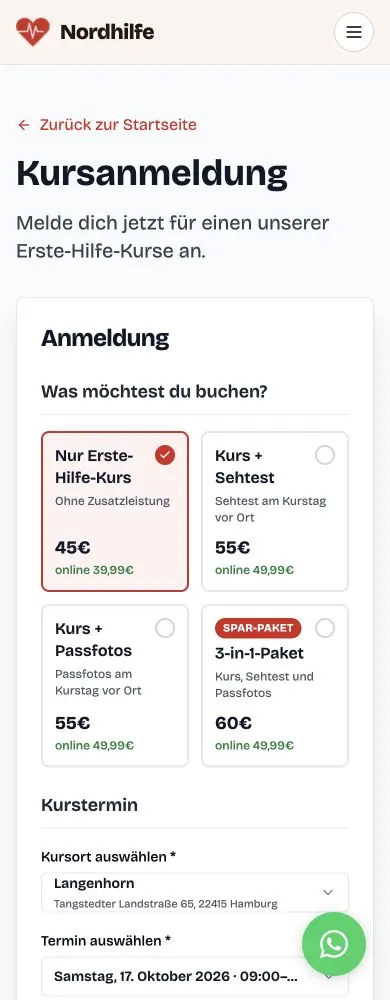 Online-Buchung bei Nordhilfe mit Kursleistungen, Kursort und Terminauswahl