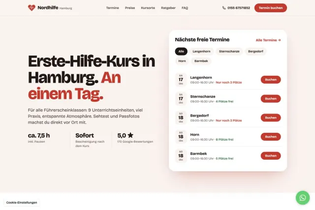 Startseite von Nordhilfe Hamburg mit Erste-Hilfe-Kursangebot und nächsten freien Terminen
